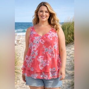 Lane Bryant Coral Floral Swing Chiffon Tank Top Size 16 Double Layer